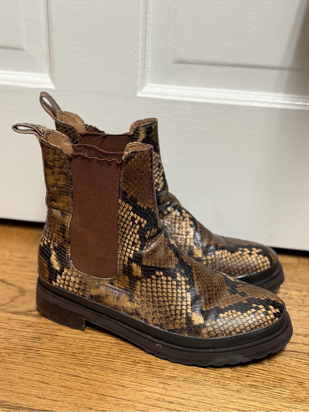 AEROSOLES Brown Snake-Print Chelsea Ankle Boots